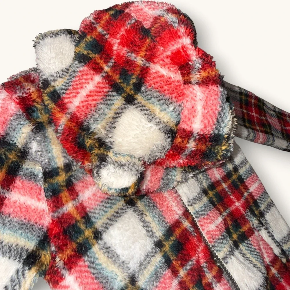 Old Navy Toddler Fleece Red Green Plaid Bear Ear Hooded‎ Jacket Zip Up Size 5T